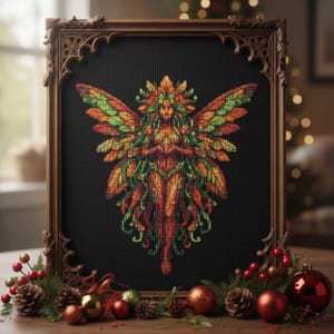 May include: A framed cross-stitch artwork featuring a colorful fairy with detailed wings and a floral headdress. The fairy is depicted in shades of orange, green, and red against a black background. The ornate wooden frame is brown, and the artwork is decorated with Christmas ornaments.