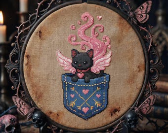 Patrón de punto de cruz de gato negro alado: gatito mágico con corazón de bolsillo bordado en PDF