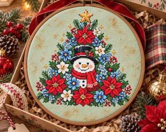 Christmas Snowman Tree Cross Stitch Pattern: Festive Floral Holiday Winter Embroidery PDF