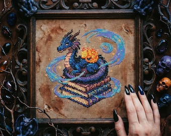 Patrón de punto de cruz de dragón de fantasía azul: Calabaza brillante, bordado de libros antiguos (PDF)
