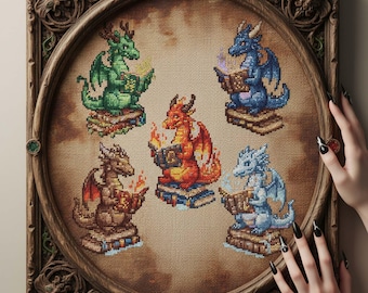 Five Dragons Magic Cross Stitch Pattern: Fantasy Dragons with Spell Books Embroidery (PDF)