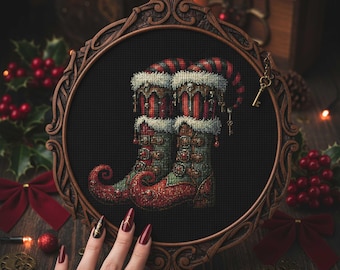 Patrón de punto de cruz de zapatos de elfo navideño: Botas festivas de bufón, bordado navideño en PDF