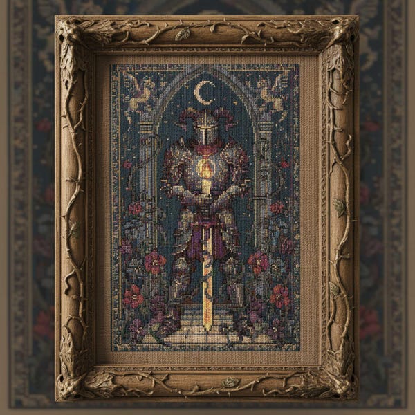 Sacred Flame Knight Cross Stitch: Gothic Cathedral Warrior, Crescent Moon Embroidery PDF