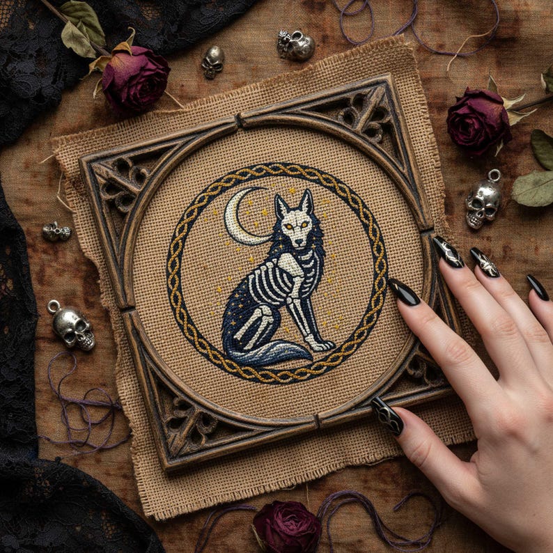 This gothic cross-stitch pattern features a skeletal fox seated beneath a glowing crescent moon, surrounded by a decorative Celtic-style ring and shimmering stars. The fox’s elegant bone structure is rendered in soft ivory and pale gray tones, contrasted against a deep blue night sky dotted with golden starlight. The circular framing gives the design a symbolic, talisman-like presence, making it perfect for gothic décor, fantasy art collections, and celestial-themed embroidery displays.