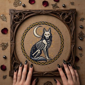 This gothic cross-stitch pattern features a skeletal fox seated beneath a glowing crescent moon, surrounded by a decorative Celtic-style ring and shimmering stars. The fox’s elegant bone structure is rendered in soft ivory and pale gray tones, contrasted against a deep blue night sky dotted with golden starlight. The circular framing gives the design a symbolic, talisman-like presence, making it perfect for gothic décor, fantasy art collections, and celestial-themed embroidery displays.