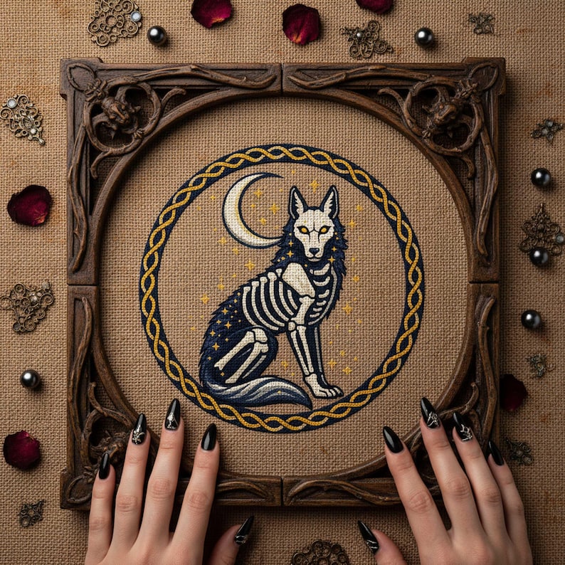 This gothic cross-stitch pattern features a skeletal fox seated beneath a glowing crescent moon, surrounded by a decorative Celtic-style ring and shimmering stars. The fox’s elegant bone structure is rendered in soft ivory and pale gray tones, contrasted against a deep blue night sky dotted with golden starlight. The circular framing gives the design a symbolic, talisman-like presence, making it perfect for gothic décor, fantasy art collections, and celestial-themed embroidery displays.