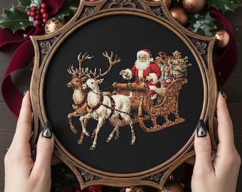 Classic Santa and Reindeer Cross Stitch Pattern: Traditional Christmas Sleigh Embroidery PDF
