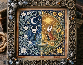 Hollow Knight Inspired Cross Stitch Pattern: Moonlight Sunlight Floral Embroidery PDF