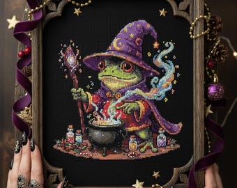 Magic Frog Sorcerer Cross Stitch Pattern: Cauldron Potions & Wizard Hat Embroidery PDF