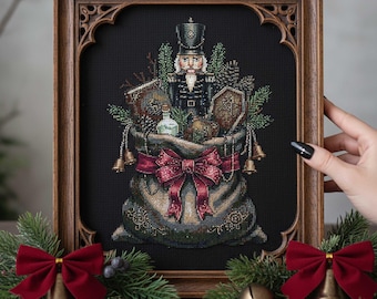 Schema punto croce per borsa natalizia Schiaccianoci: ricamo soldatino giocattolo natalizio scuro