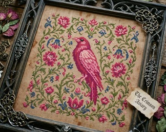 Pink Songbird Cross Stitch Pattern: Cottagecore Floral Bird with Roses Embroidery PDF