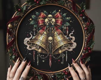 Patrón de punto de cruz de campanas navideñas góticas: Calaveras navideñas oscuras, cinta roja y PDF de bordado