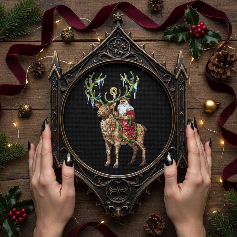 Christmas Reindeer With Santa Cross Stitch Pattern – Fantasy Holiday ...