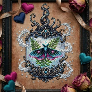 May include: A framed cross-stitch artwork featuring a moth with blue and pink wings, set against a light blue background with fern leaves. The artwork is surrounded by an ornate, dark frame with decorative elements. The background is a tan fabric, with heart-shaped ornaments and dried roses.