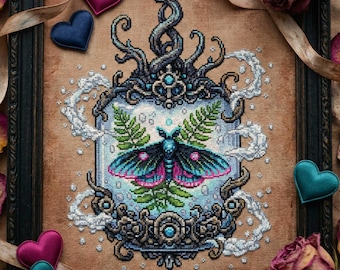 Gothic Moth Cross Stitch Pattern: Dark Fantasy Butterfly in Ornate Frame Embroidery PDF