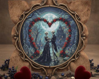 Gothic Valentine Cross Stitch Pattern: Skeleton Lovers Beneath Moonlit Rose Heart Embroidery PDF