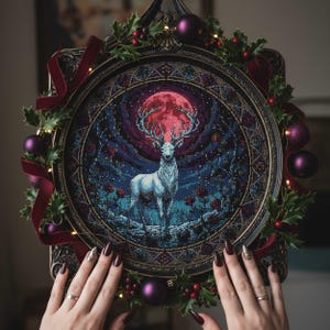 Op de afbeelding: Een ronde, ingelijste kruissteek met een witte hert met groot gewei, tegen een donker, sterrenbos en een rode maan. Het frame is versierd met hulst, bordeauxrood lint en paarse ballen, wat een feestelijk thema creëert.