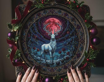 Mystic Winter Stag Cross Stitch Pattern: Red Moon & Dark Forest Fantasy Embroidery PDF