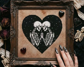 Gothic Valentine Cross Stitch Pattern: Skeleton Lovers in Snowy Heart Embroidery PDF
