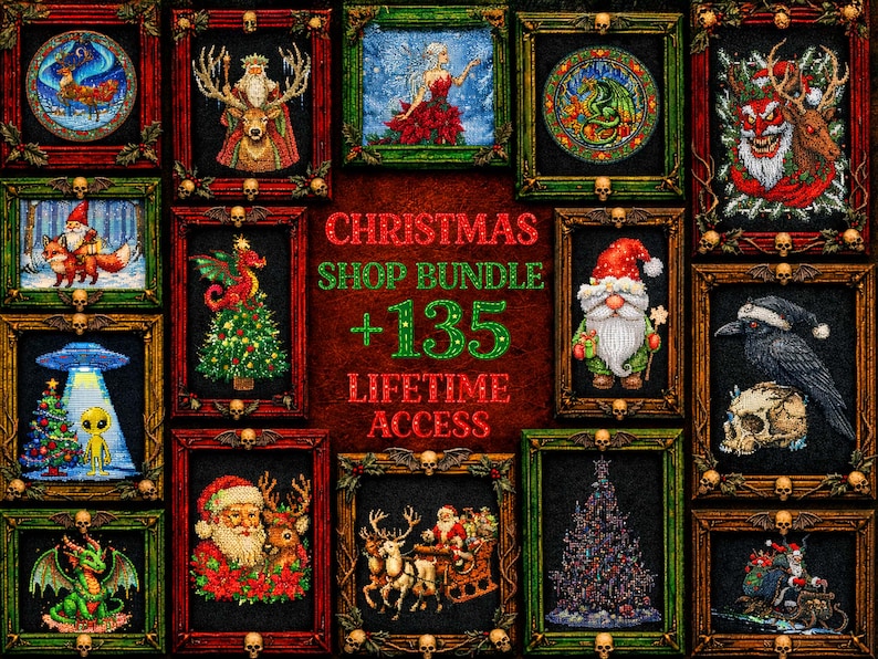 A captivating fantasy-inspired cross stitch bundle image presenting a complete embroidery pattern shop in a single layout. The design highlights “515+ Entire Shop Cross Stitch Bundle – Lifetime Access” at the center, surrounded by colorful embroidery hoops filled with witchy, gothic, and fantasy cross stitch designs. Visible patterns include dragons, spellcasting witches, celestial moons, gothic architecture, enchanted forests, and magical motifs. This image showcases a premium digital PDF