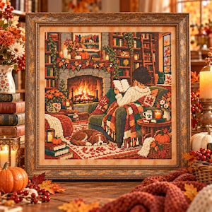 May include: A framed cross-stitch artwork depicting a cozy indoor autumn scene with a person reading a book in an armchair by a fireplace. A dog sleeps on a rug nearby, surrounded by bookshelves, pumpkins, and warm seasonal decor in rich tones.