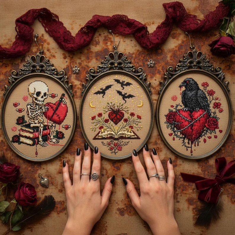 A captivating fantasy-inspired cross stitch bundle image presenting a complete embroidery pattern shop in a single layout. The design highlights “515+ Entire Shop Cross Stitch Bundle – Lifetime Access” at the center, surrounded by colorful embroidery hoops filled with witchy, gothic, and fantasy cross stitch designs. Visible patterns include dragons, spellcasting witches, celestial moons, gothic architecture, enchanted forests, and magical motifs. This image showcases a premium digital PDF