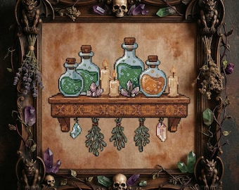 Witch Potion Shelf Cross Stitch Pattern: Magic Bottles, Crystals & Hanging Herbs Embroidery PDF
