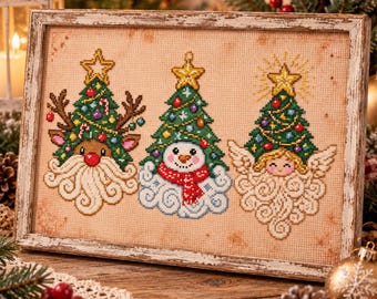 Christmas Tree Character Cross Stitch Pattern: Santa Snowman Angel Holiday Embroidery PDF