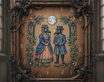Victorian Plague Doctor Couple Cross Stitch Pattern: Moonlit Gothic & Floral Archway Embroidery PDF