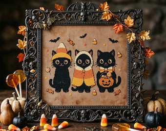 Kawaii Pumpkin Kitten Cross Stitch Pattern: Halloween Candy Corn Costume Embroidery (PDF)
