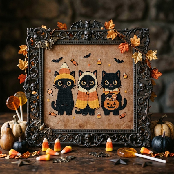Kawaii Pumpkin Kitten Cross Stitch Pattern: Halloween Candy Corn Costume Embroidery (PDF)