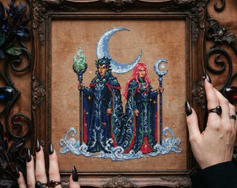 Lunar Sorcerer Pair Cross Stitch Pattern: Night Sky Spellcasters & Enchanted Mist Embroidery PDF