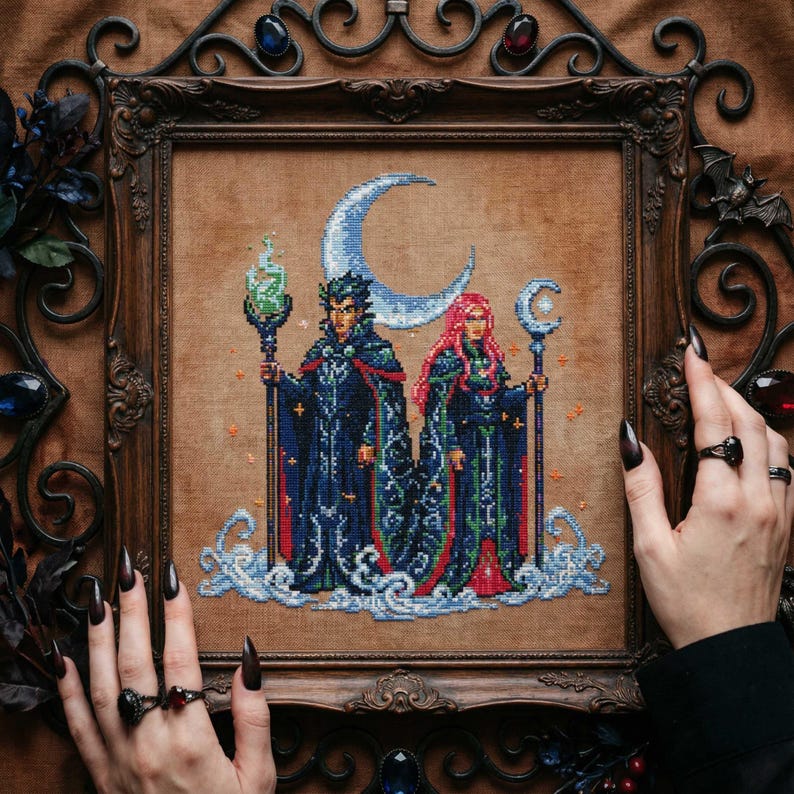 Lunar Sorcerer Pair Cross Stitch Pattern: Night Sky Spellcasters ...
