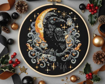 Raven Moon Cross Stitch Pattern: Mystic Black Bird, Golden Crescent Night Embroidery PDF