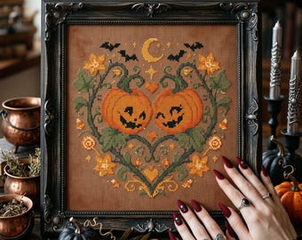Jack O Lantern Couple Cross Stitch Pattern: Autumn Moon Halloween Embroidery (PDF)
