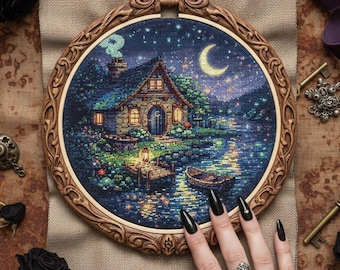 Night Fairy Cottage Cross Stitch Pattern: Cozy Lakeside Fairy House Fantasy Embroidery PDF