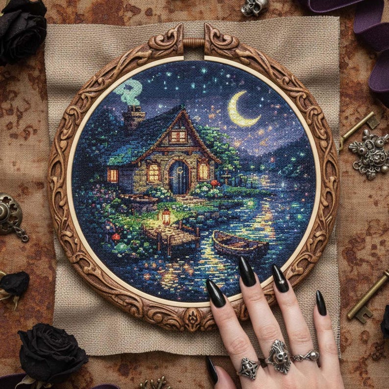 Moonlit Cottage Cross-Stitch Pattern – Cozy Fantasy Night Scene (PDF)
This enchanting cross-stitch design features a glowing fairy cottage beside a tranquil lake under a crescent moon. Warm window light, lantern reflections, and star-filled skies create a peaceful fantasy atmosphere perfect for cozy home décor.