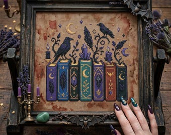 Raven and Magic Books Cross Stitch Pattern: Moonlit Gothic Bookshelf Embroidery PDF