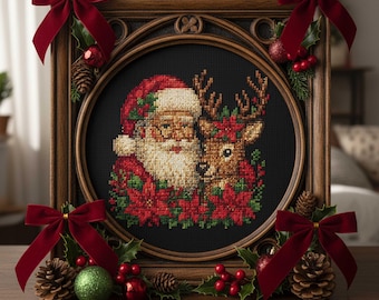 Santa and Reindeer Cross Stitch Pattern: Christmas Poinsettia Holiday Embroidery PDF
