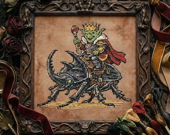 Goblin King Cross Stitch Pattern: Dark Fantasy Goblin Rider on Giant Beetle Embroidery PDF