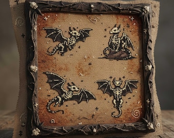 Gothic Skeleton Dragon Cross Stitch Pattern: Dark Fantasy Dragon Icons Embroidery PDF