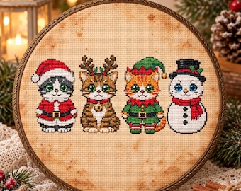 Christmas Cat Snowman Cross Stitch Pattern: Santa Reindeer Elf Holiday Character Embroidery PDF