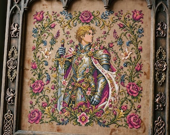 Prince Knight Cross Stitch Pattern: Floral Armor, Roses and Fantasy Embroidery PDF