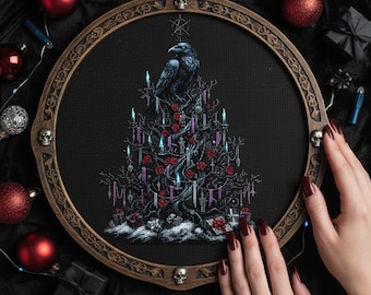 Black Raven Holiday Tree Cross Stitch Pattern: Gothic Candles & Roses Christmas Embroidery PDF