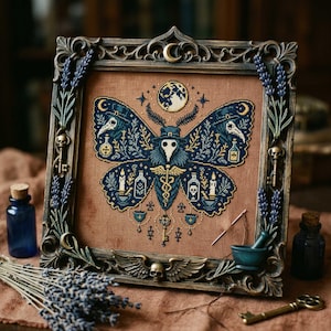 Può includere: Opera d'arte a punto croce incorniciata con un disegno di falena a tema medico della peste in blu navy e oro. L'opera è ambientata in una cornice decorativa e ornata con dettagli di teschi e chiavi. Rami di lavanda e piccole bottiglie blu completano la composizione.