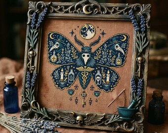 Celestial Plague Moth Cross Stitch Pattern: Dark Apothecary Fantasy Embroidery PDF