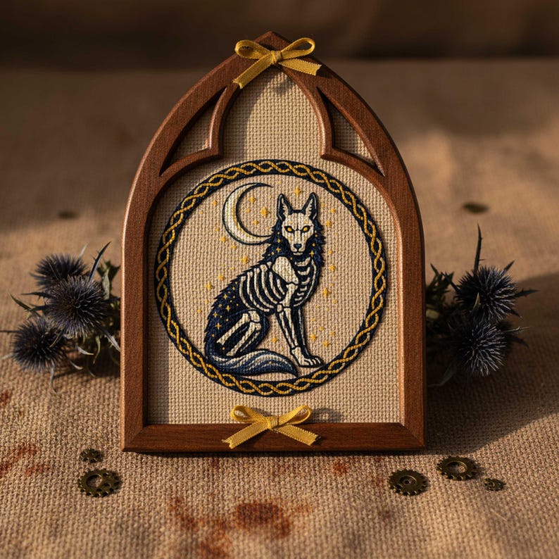 This gothic cross-stitch pattern features a skeletal fox seated beneath a glowing crescent moon, surrounded by a decorative Celtic-style ring and shimmering stars. The fox’s elegant bone structure is rendered in soft ivory and pale gray tones, contrasted against a deep blue night sky dotted with golden starlight. The circular framing gives the design a symbolic, talisman-like presence, making it perfect for gothic décor, fantasy art collections, and celestial-themed embroidery displays.