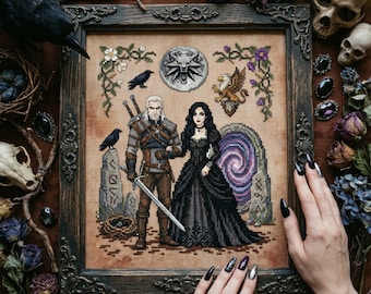 Enchanted Warrior Couple Cross Stitch Pattern: Dark Sorceress, Swirling Portal Embroidery PDF