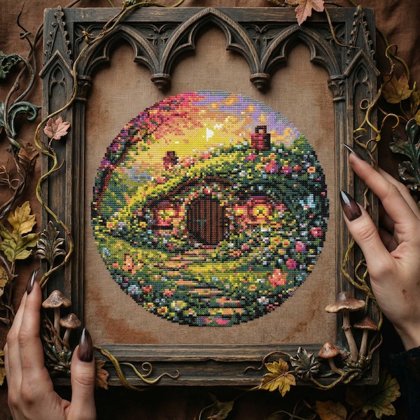 Sunset Hobbit Cottage Cross Stitch Pattern: Floral Fantasy Garden Embroidery PDF