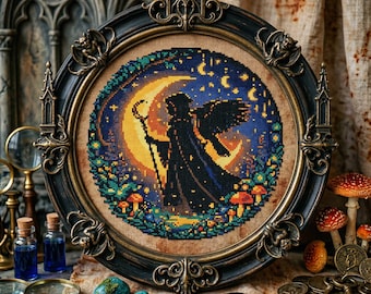 Schema per punto croce della strega al chiaro di luna: ricamo notturno gotico fantasy con luna crescente (PDF)